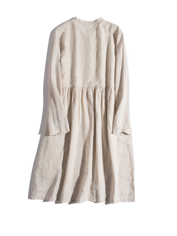 ◇【リネン100% バンドカラー エクリュ 】ミルキーボタン コットン裏地付き 長袖 ワンピース T-00083 2枚目の画像