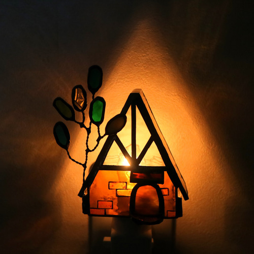 ステンドグラス・お休みランプ琥珀色の家（受注製作） スタンド