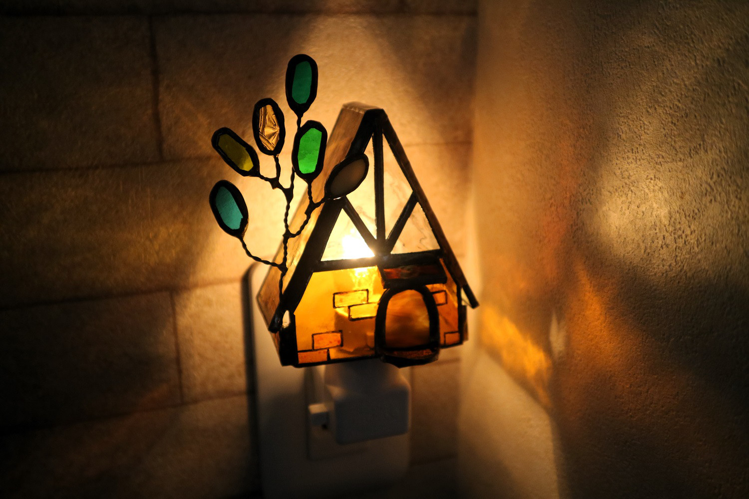 ステンドグラス・お休みランプ琥珀色の家（受注製作）