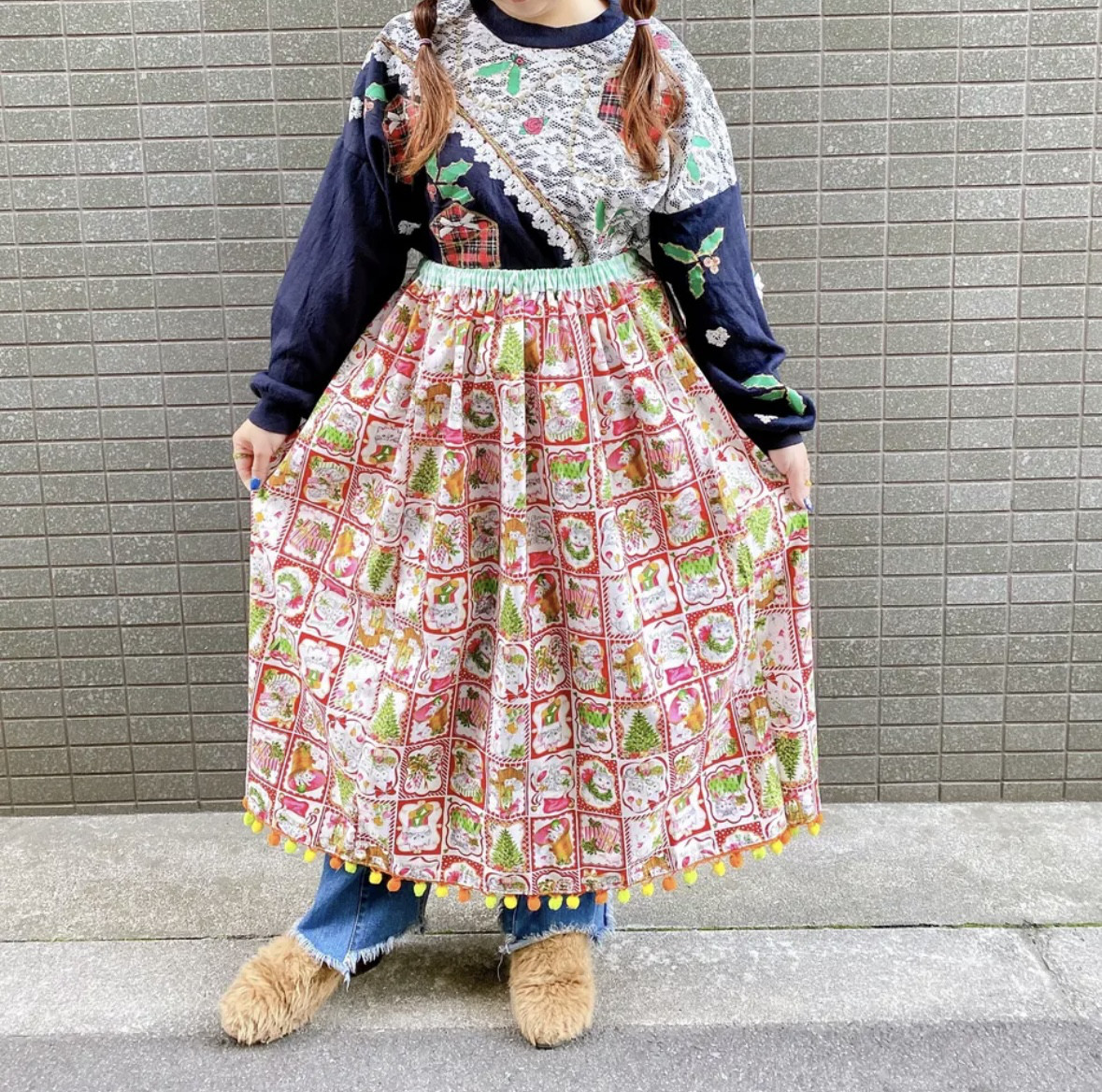 古着　ヴィンテージ　vintage スカート　リメイク　リメイクスカート　カラフル　派手　コットン　個性派