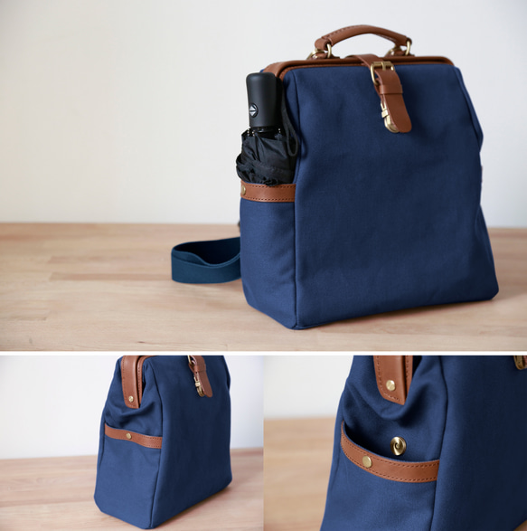 「帆布x皮革組合」框架背包扁平式扣環手工經典背包 第9張的照片