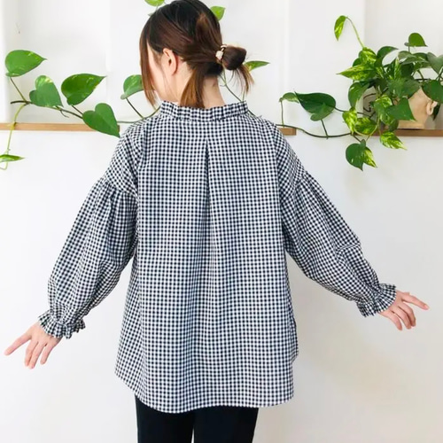 再販❣️Wガーゼ秋色❣️ふんわりギャザー袖の柔らかブラウスチョコ