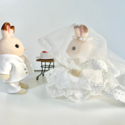 うさぎの花嫁ウェディングドレス&花婿スーツのセット その他人形