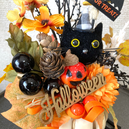黒猫とドングリ頭のカボチャのジャック＂大人可愛いハロウィン飾り
