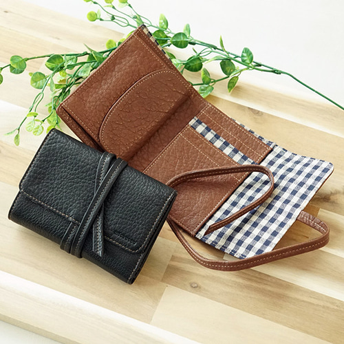 ☆1点限り☆【刻印可】革紐で留める三つ折り財布 ブラック ぐるぐる