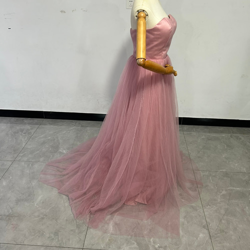 カラードレス ピンク リボン グリーン 取り外しオフショルダー  