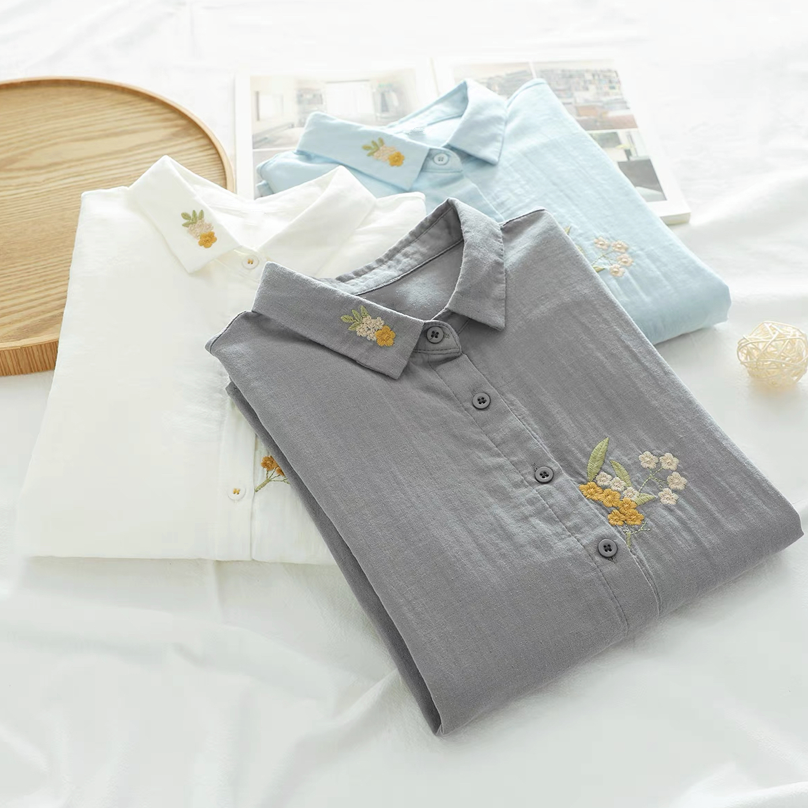 春秋・ダブルガーゼ・コットン100%・ブラウス・刺繍