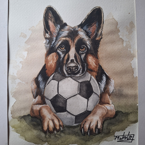 水彩画 サッカー大好きジャーマンシェパード 絵画 makochin 通販