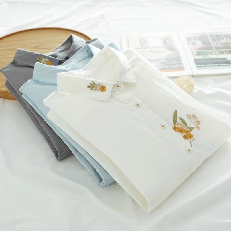 春秋・ダブルガーゼ・コットン100%・ブラウス・刺繍