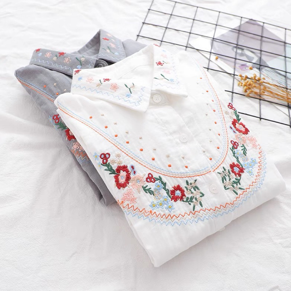 春秋・ダブルガーゼ・コットン100%・ブラウス・刺繍