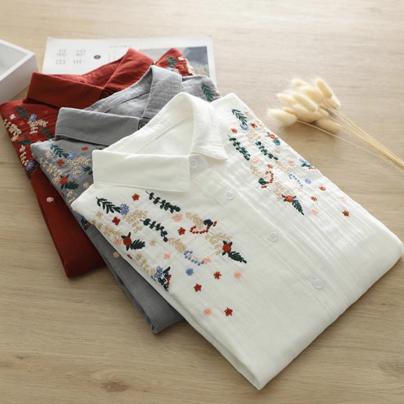 春秋・ダブルガーゼ・コットン100%・ブラウス・刺繍