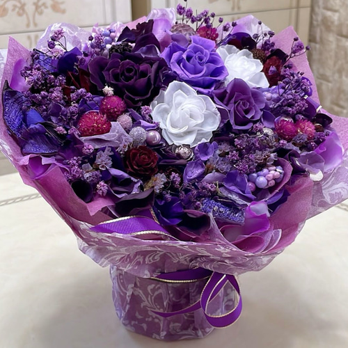 ✨大人気✨紫バラミックスプリザ＆胡蝶蘭（アーティシャルフラワー）アレンジメント✨ ✨大人気✨バラミックスプリザ＆胡蝶蘭（アーティシャルフラワー