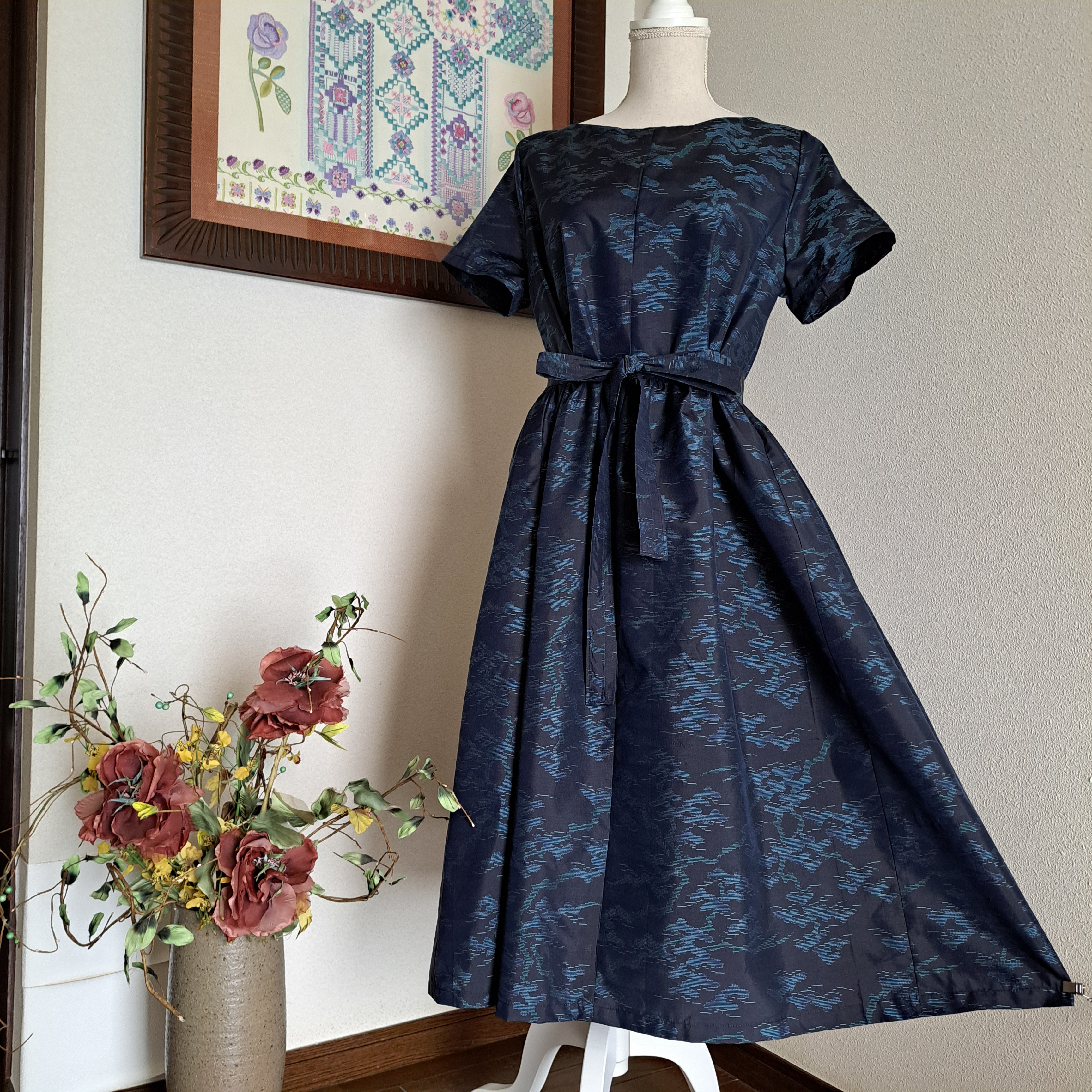 ☆ 着物リメイク/ 大島紬 / 半袖 / ギャザーワンピース/ ☆正絹