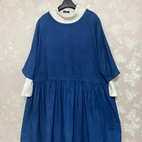 183藍染めワンピース(本藍、手染め、ギャザー、布2種類) ワンピース 
