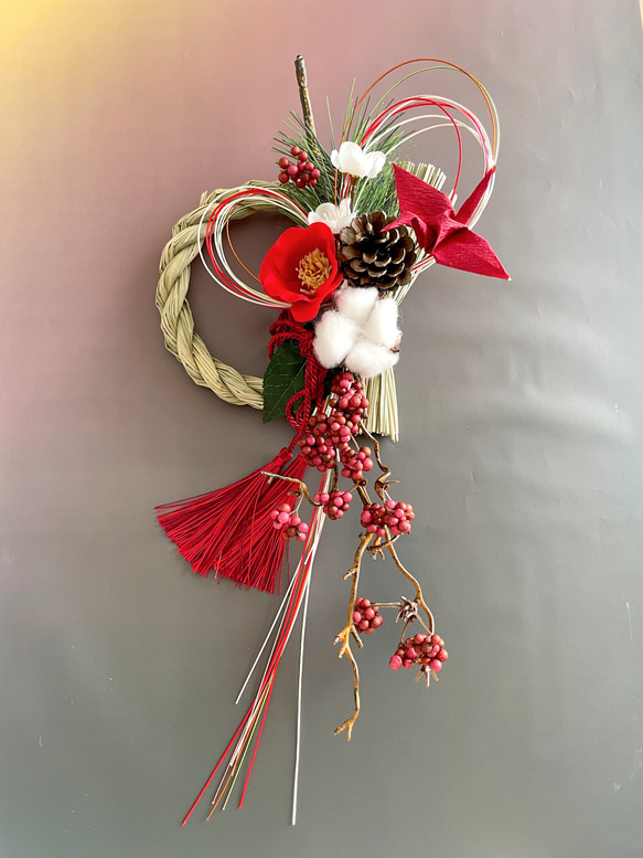 手作りキット＊早割お正月飾り＊赤椿と祝い鶴ので祝うしめ縄しめ飾り  