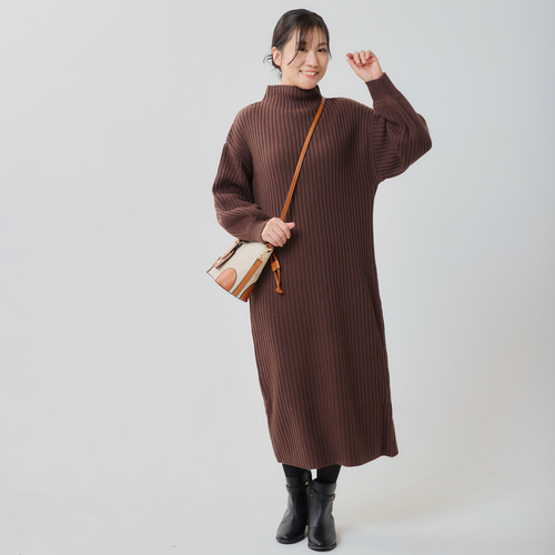 楽ちん1枚でコーデが完成】 ぽわん袖のニットワンピース ブラウン FREE