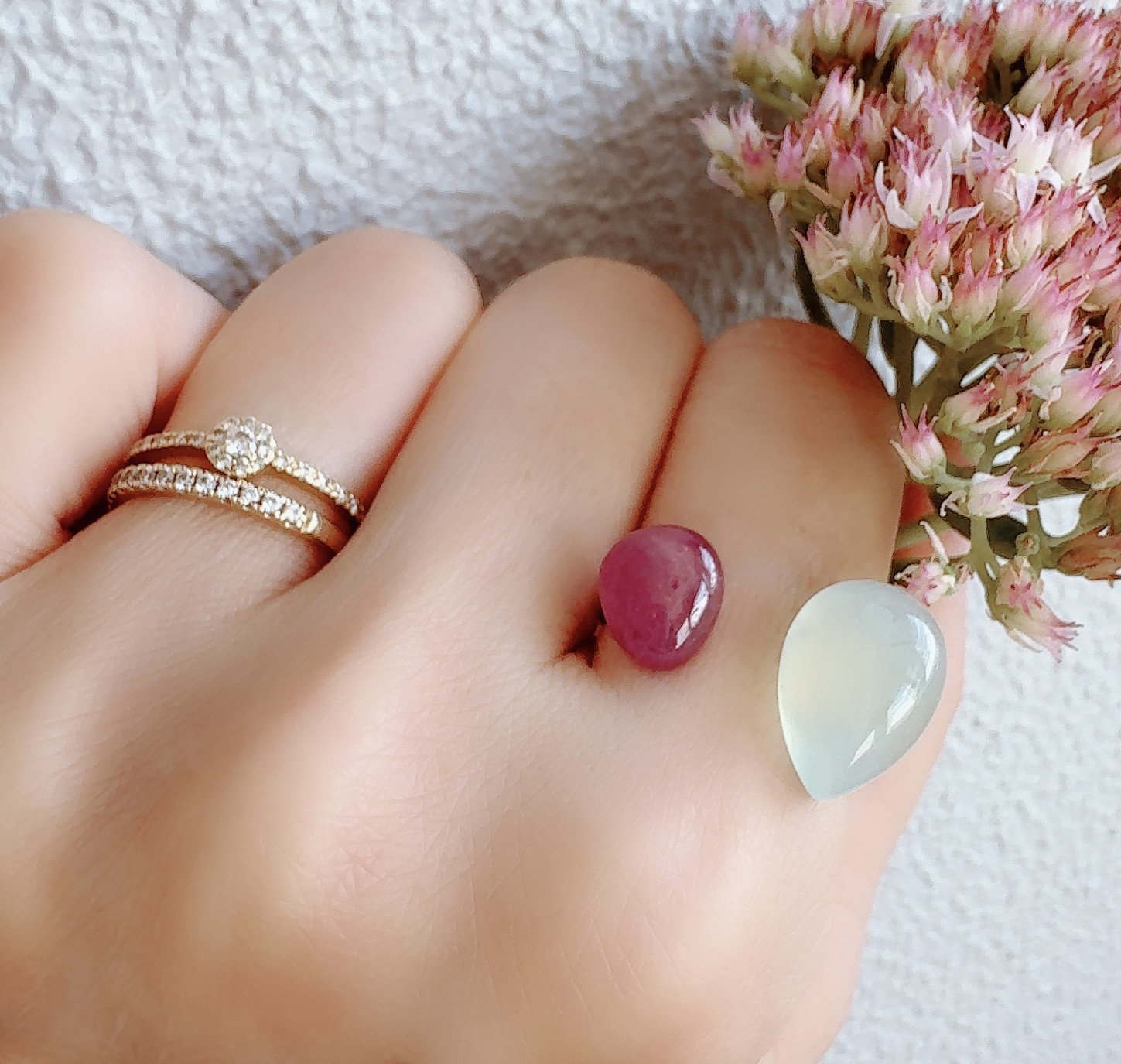 【恋愛の運気UP】シーブルーカルセドニー X ルビーカボション