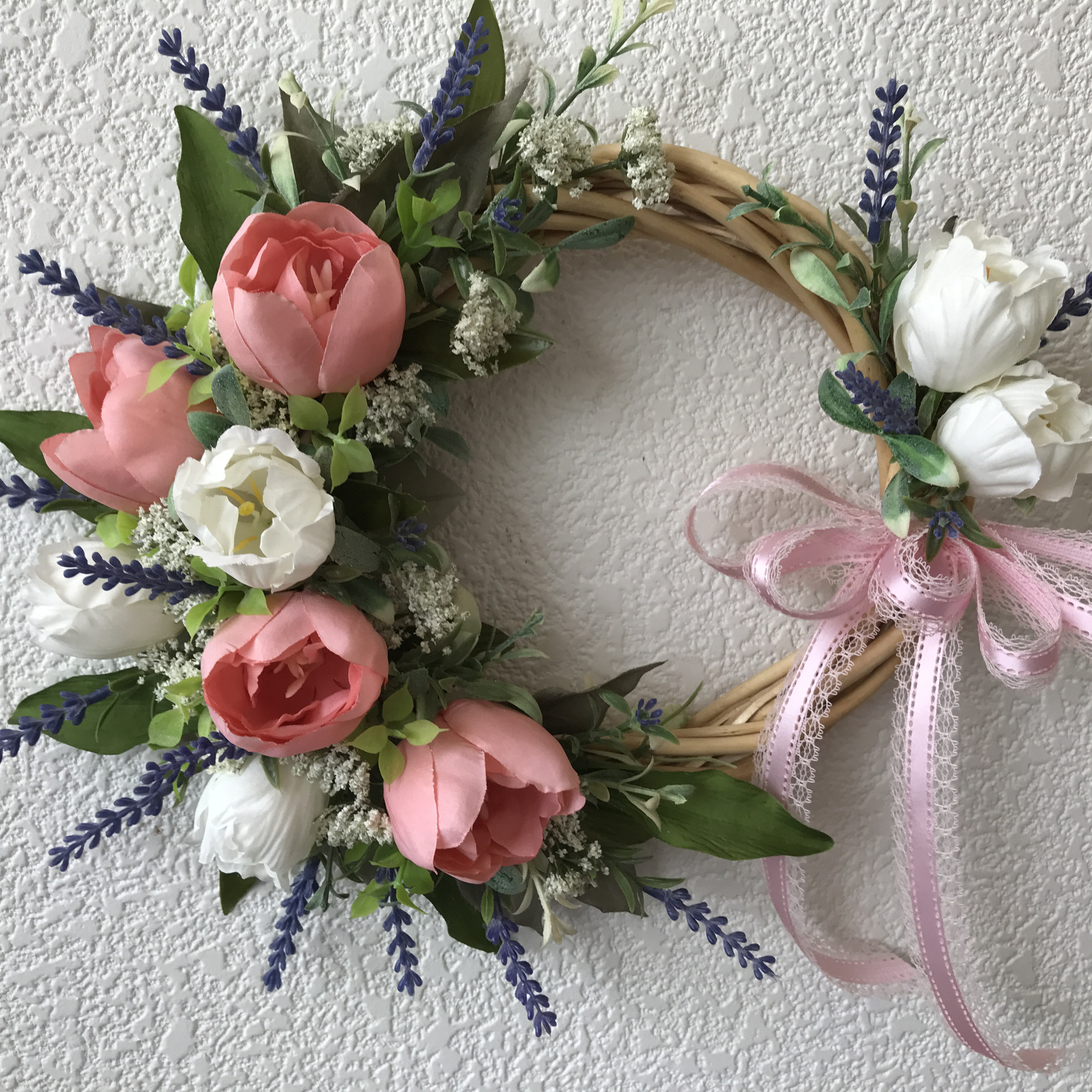 《新作》34×31チューリップ＊レースフラワー＊ラベンダーの結婚祝、お誕生日祝の優しいリース（受注制作）