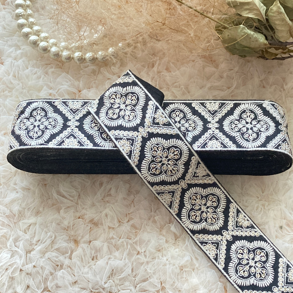 インド刺繍リボン 5cm幅×50cm 黒 シルク素材 ✳︎ ブラック