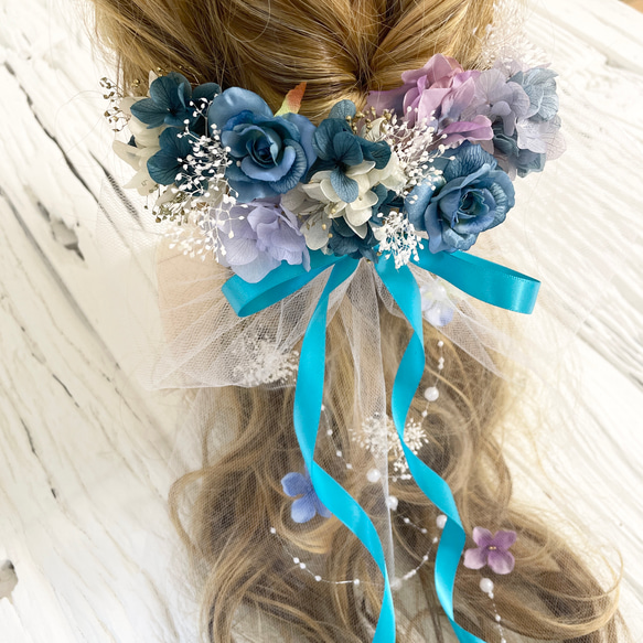 ブーケの様な髪飾りヘッドドレスターコイズブルー