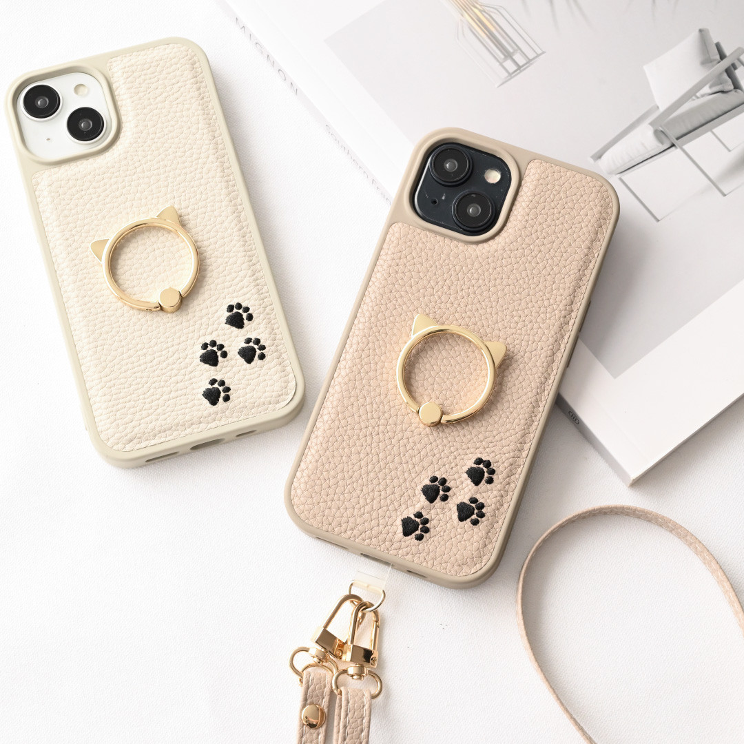 カラー リアケース 猫 スマホリング 【 刺繍 あしあと 】多機種