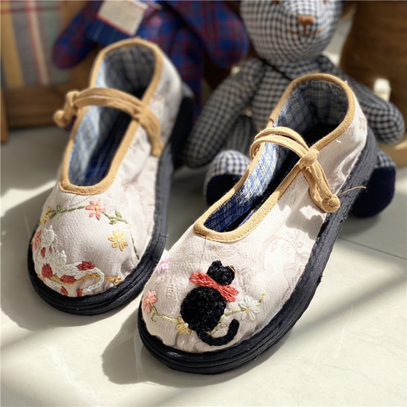 可愛い猫手刺繍コットンシューズ純粋な手作りハンドメイド スリッポン 