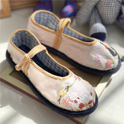 可愛い猫手刺繍コットンシューズ純粋な手作りハンドメイド スリッポン 