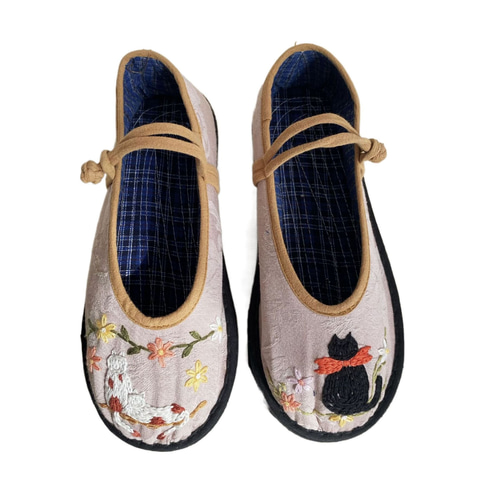可愛い猫手刺繍コットンシューズ純粋な手作りハンドメイド スリッポン 