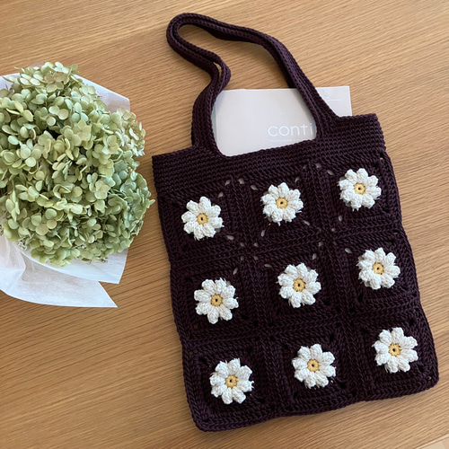 ハンドメイド フラワーモチーフバッグ アフリカンフラワーモチーフバッグ <ホワイト> トートバッグ