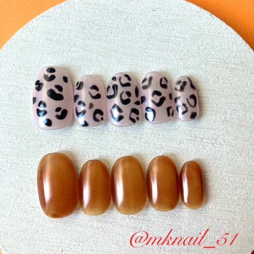 送料無料】ネイルチップ(No.52) アシンメトリー 秋ネイル ヒョウ柄  