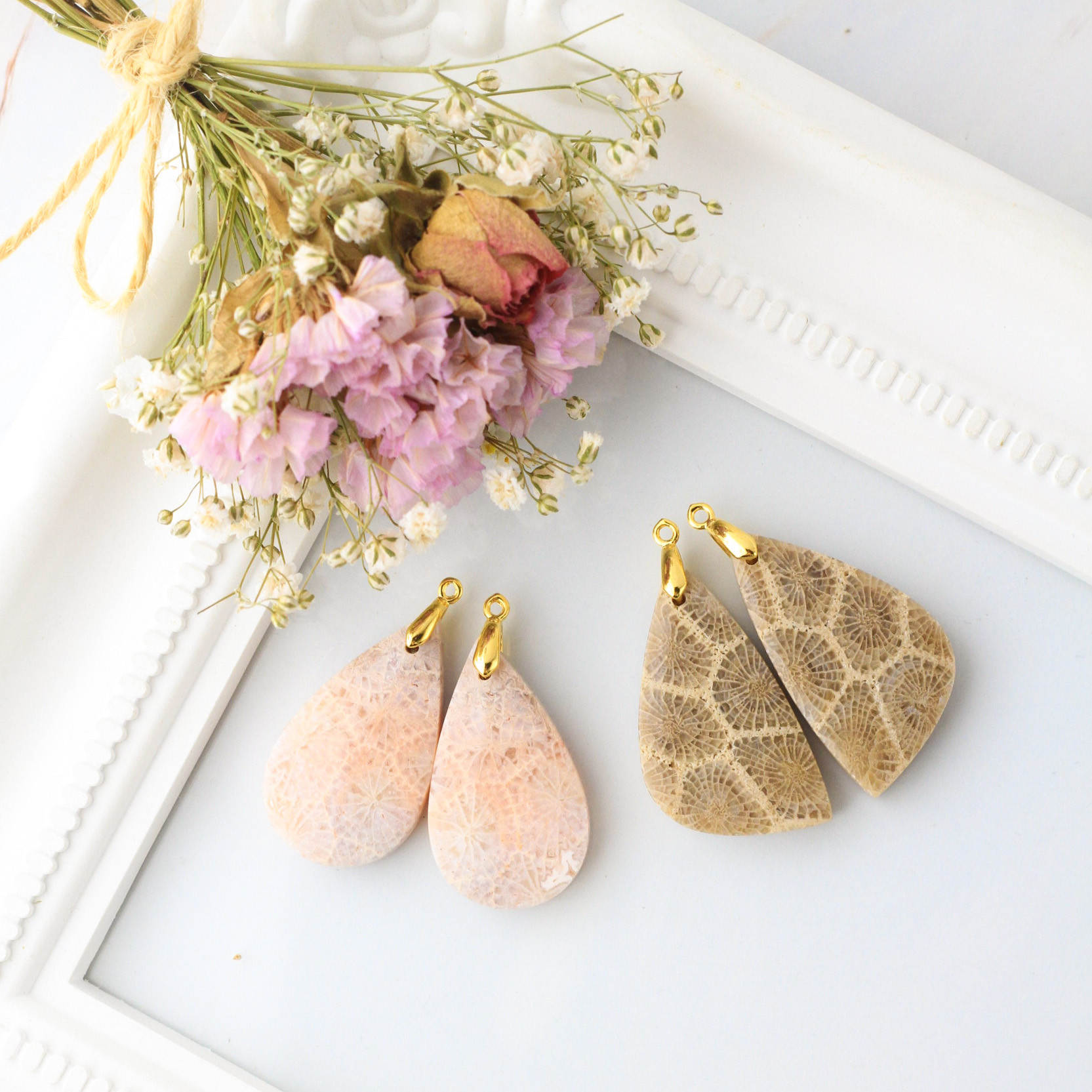 【超超希少/選べる】フォッシルコーラル キルト　耳飾り　2-3.5億年前の有機宝石