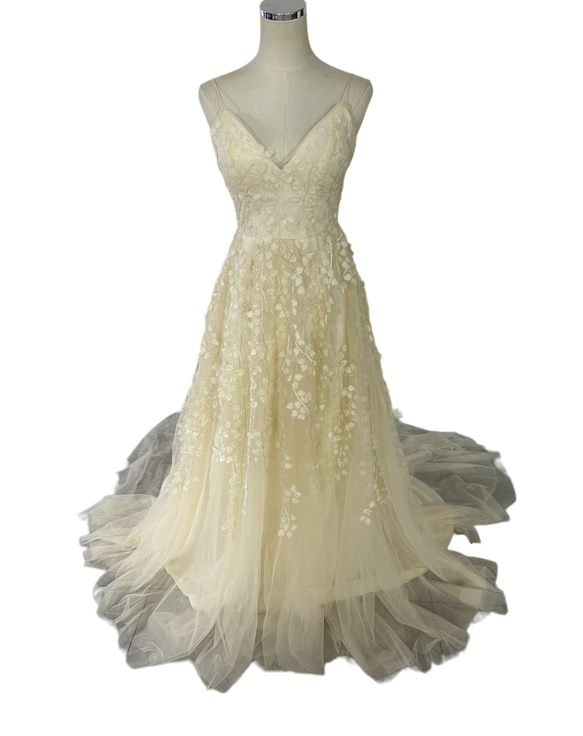 ウェディングドレス シャンパン色 3D立体レース刺繍 キャミソール  