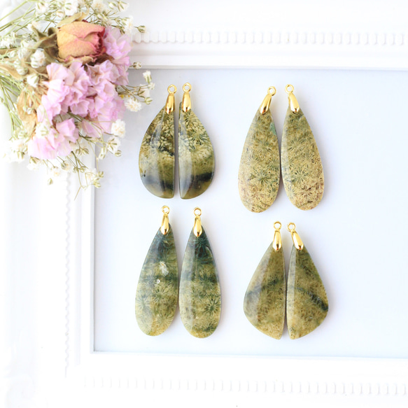 希少ナチュラルグリーンカラーフォッシル ピアスチャーム14kgf 14kgf