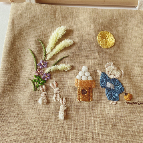 お月見刺繍タペストリー『月より団子』・おしゃれインテリア・壁掛け