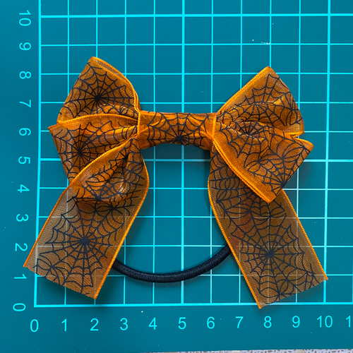 6 ハロウィン リボンヘアゴム 髪ゴム 蜘蛛の巣 オレンジ オーガンジー