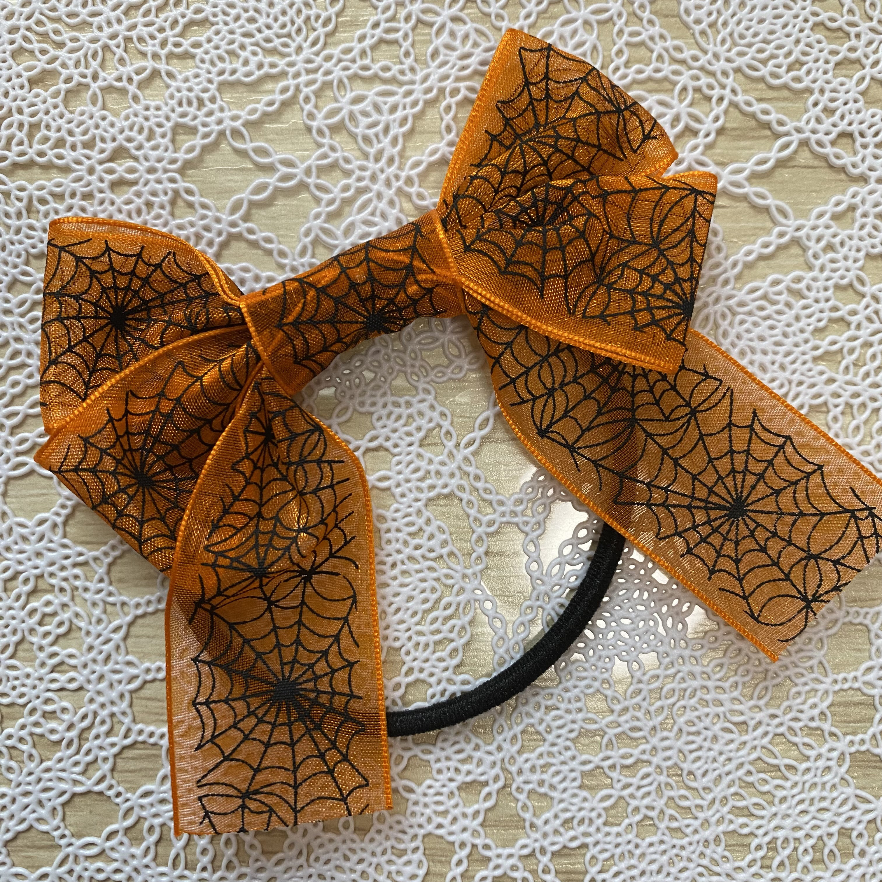 6 ハロウィン リボンヘアゴム 髪ゴム 蜘蛛の巣 オレンジ