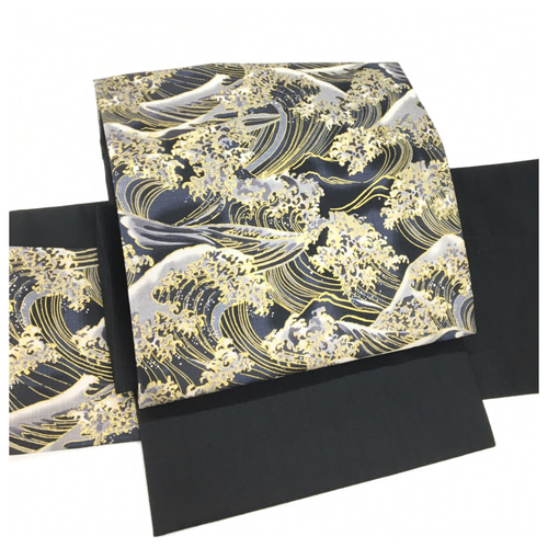 新品 簡単装着 名古屋帯 二部式 付け帯 金縁 波模様 綿 コットン 和装  