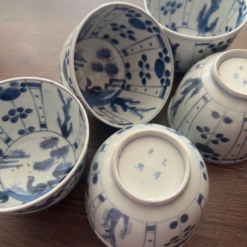 江戸時代　古伊万里　染付芙蓉手輪花型向付　南京手　直径15.5㎝　希少品 古伊万里 染付 芙蓉手 輪花 小鉢 向付 5客 約9.5cm