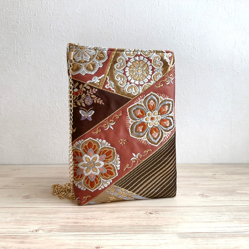 帯リメイク✴︎ポーチ✴︎ 帯リメイク フラット横長ポーチ【豪華花刺繍 H11×W18】通帳ケース