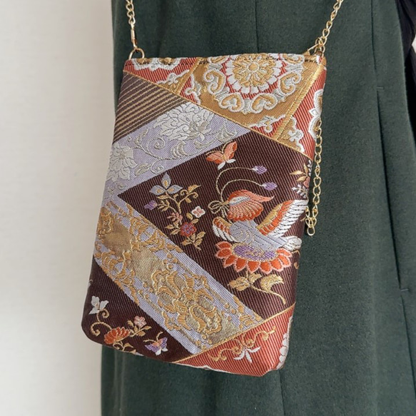 絹の帯からスマホショルダー 花喰い鳥文 帯リメイク277 スマホ