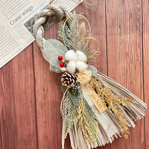 No.47 木の実のナチュラルしめ縄リース2025 ハンドメイドお正月飾り
