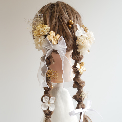 ゴールドオーガンジーリボン⋈かすみ草＆スターチス(ドライフラワー)set♡成人式 成人式 卒業式 結婚式 髪飾り オーガンジーリボン ドライフラワー