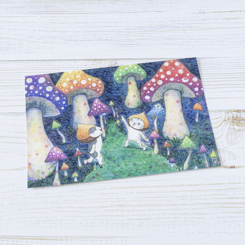 きのこの森 ポストカード / グッズ きのこ 秋 水彩 イラスト 猫 絵本風