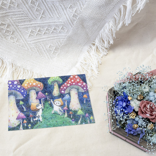 きのこの森 ポストカード / グッズ きのこ 秋 水彩 イラスト 猫 絵本風