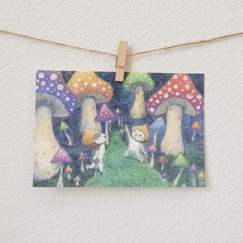 きのこの森 ポストカード / グッズ きのこ 秋 水彩 イラスト 猫