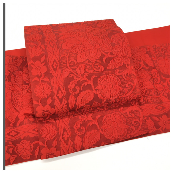 美品 上質 正絹 袋帯 二部式 赤 膨れ織 華柄 簡単装着 二重太鼓 作り帯  