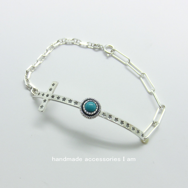 ターコイズ　トルコ石　クロスチェーンブレスレット　シルバー925　IB0547