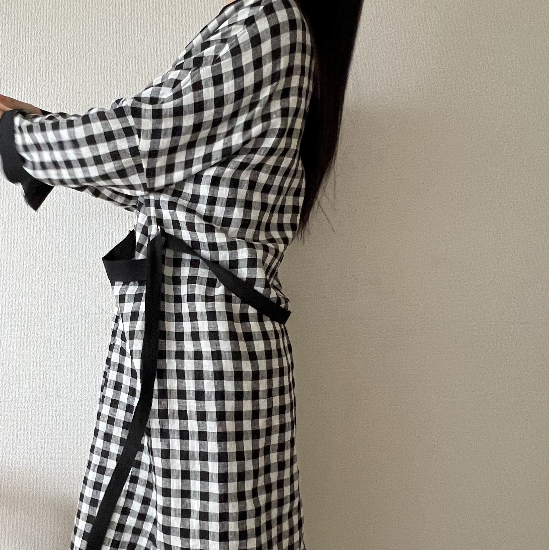 リネンギンガムチェックローブコート