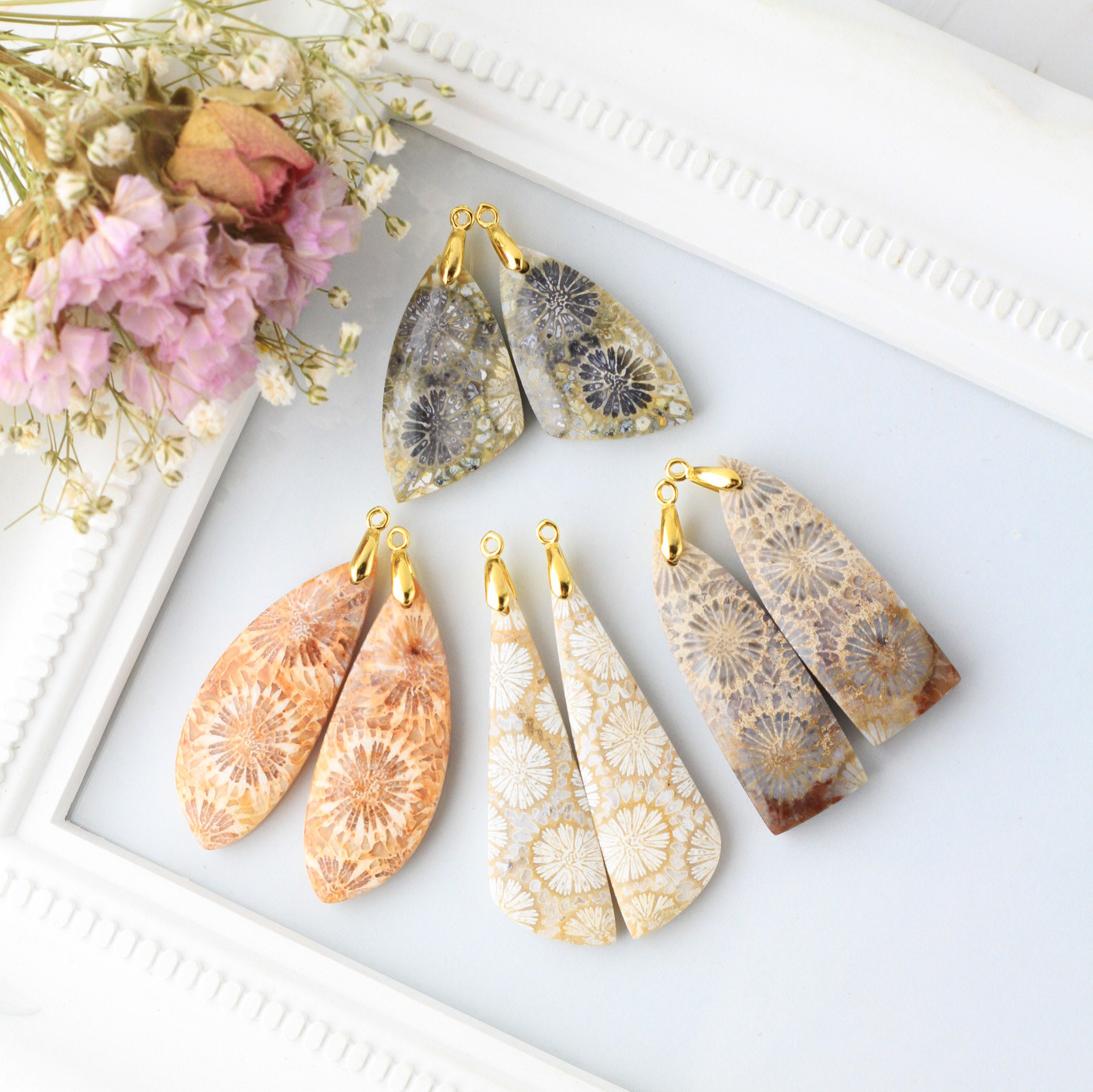 【超超超希少/選べる】大花 フォッシルコーラル　耳飾り　2-3.5億年前の有機宝石