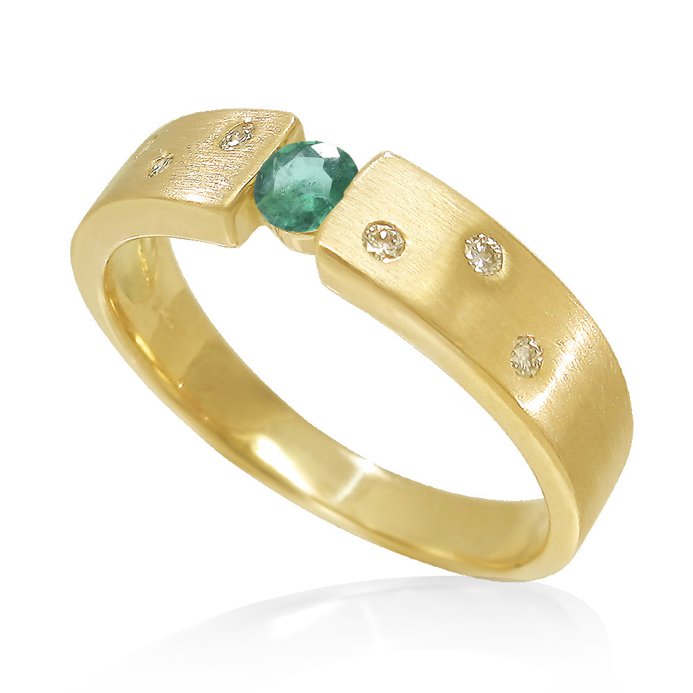 K18 イエローゴールド ５月誕生石 天然 エメラルド と ダイヤモンド  の シンプルな 平打ち リング [受注制作]